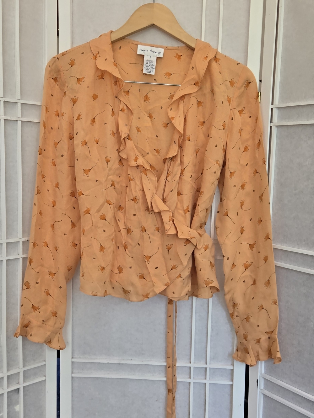 Rena Rowan Peach Floral Ruffle Silk Wrap Top Blouse